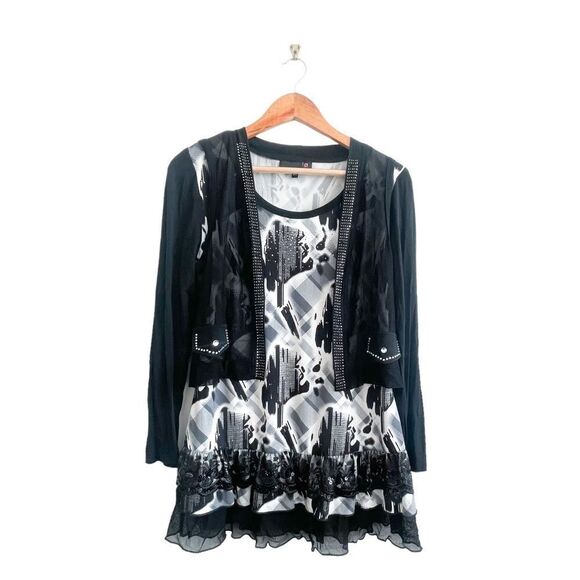 Laura Petites Party Blouse Sheer Vest Rhinestones Sequins Lace Tunic Women's M - Picture 1 of 8